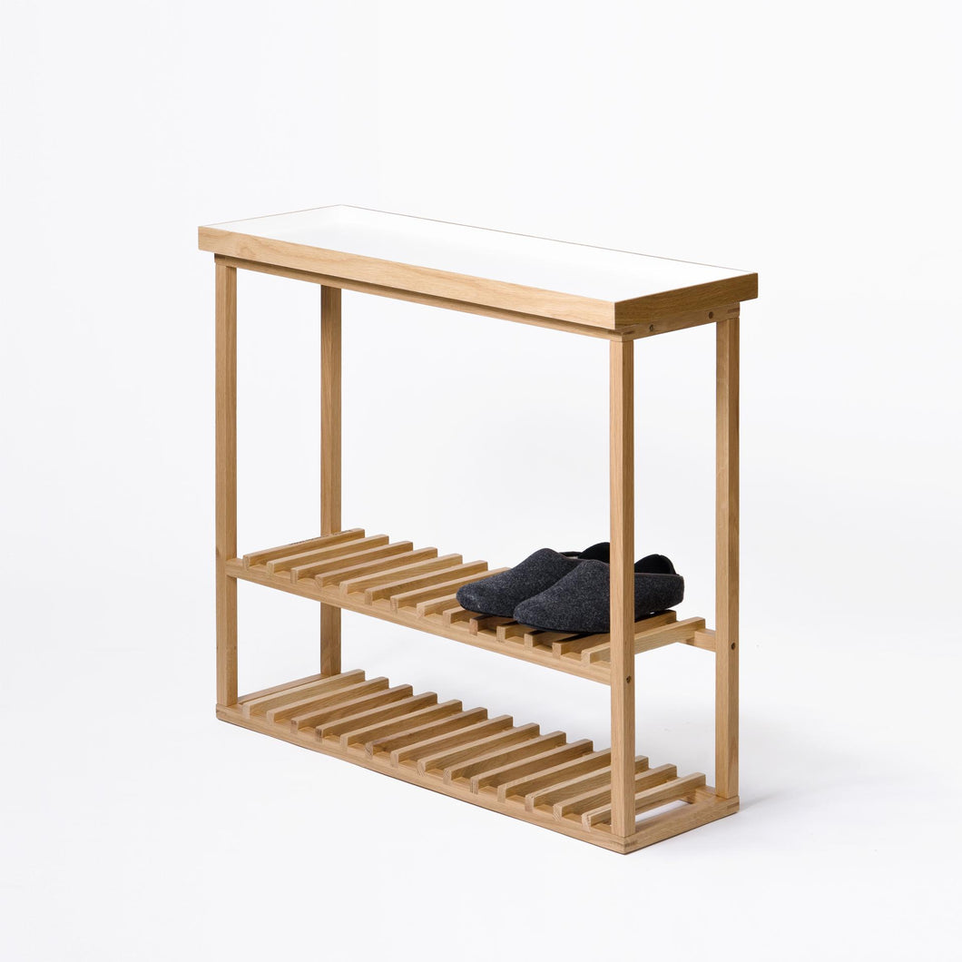 hello storage table, natural oak with white top by wireworks