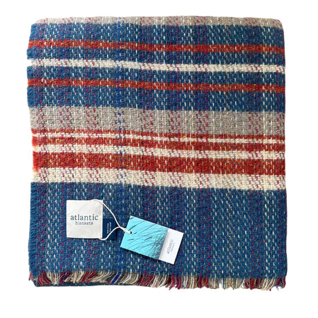 Random Recycled Wool Blanket, Atlantic Blankets.  Multi-Coloured Blue and Red Plaid - 150 x 183cm