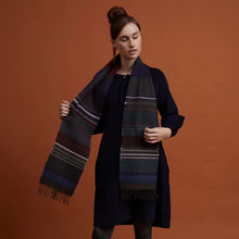 Load image into Gallery viewer, Merino wool stripe and texture scarf in dark blue - Wainscott Coal - Made in England by Wallace Sewell