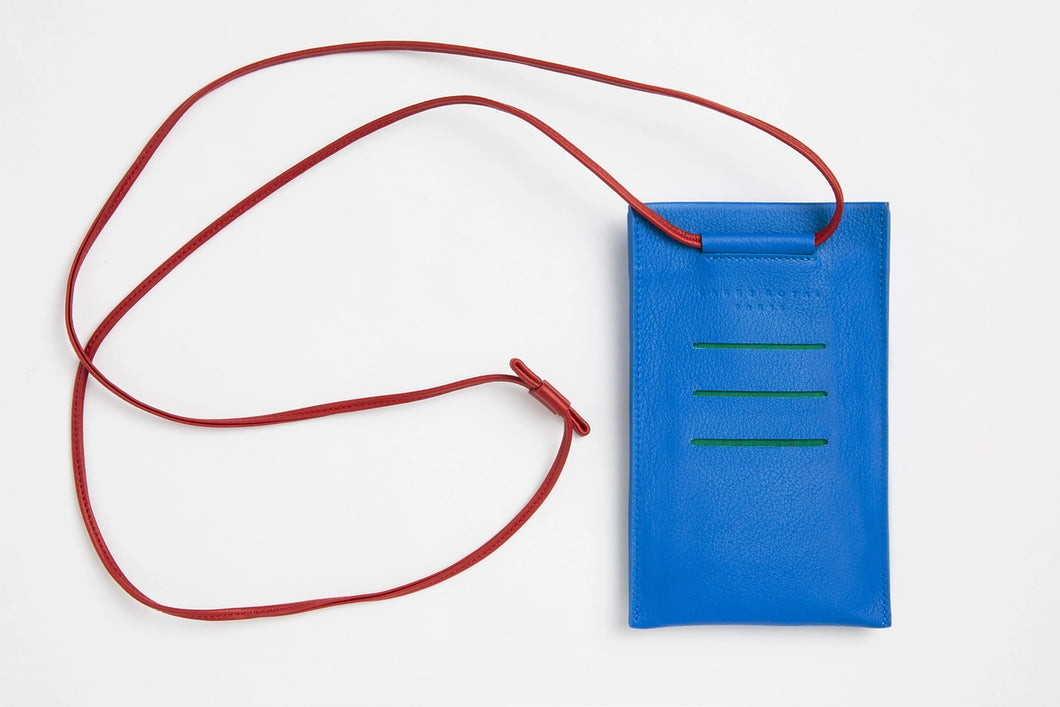 Unisex necklace phone pouch in royal blue leather, by Carré Royal, Paris