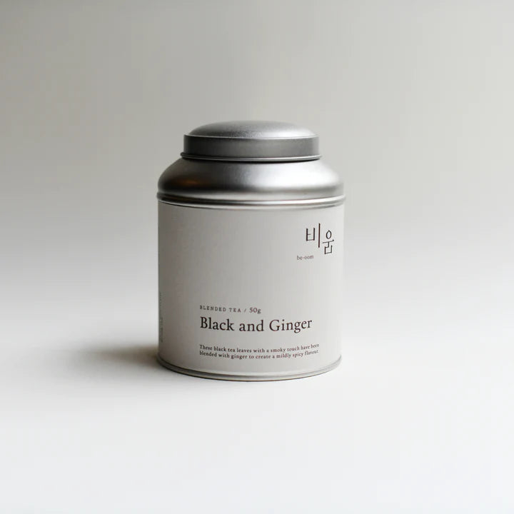 Black & Ginger blended loose leaf tea by be-oom.  50g tin