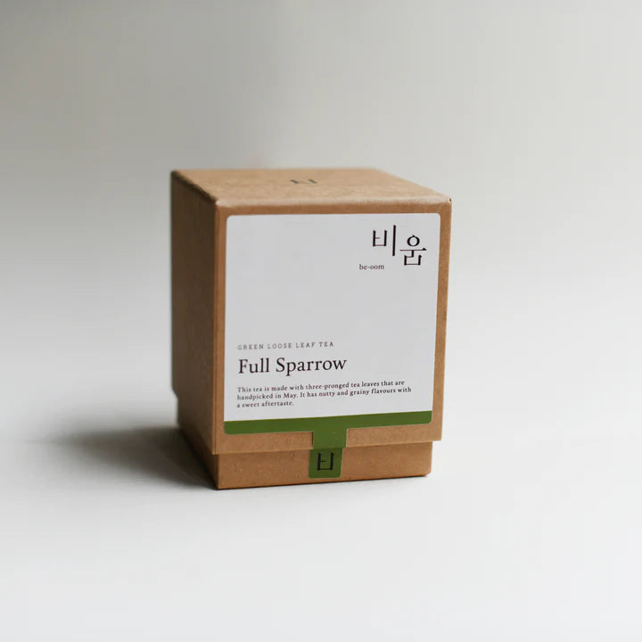 Full Sparrow loose leaf green tea by be-oom.  30g pouch within cardboard box.