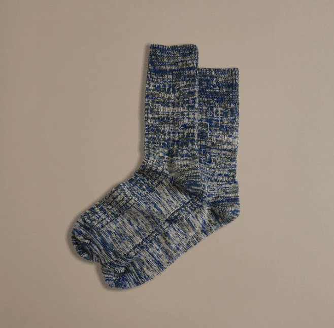 Rove Knitwear faltering stripe wool rich sock in blue. Cruelty Free + UK Made. UK 4-7 + 8-11