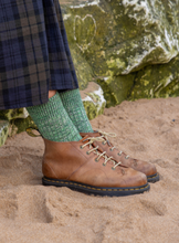 Load image into Gallery viewer, Rove Knitwear faltering stripe wool rich sock in green. Cruelty Free + UK Made. UK 4-7 + 8-11

