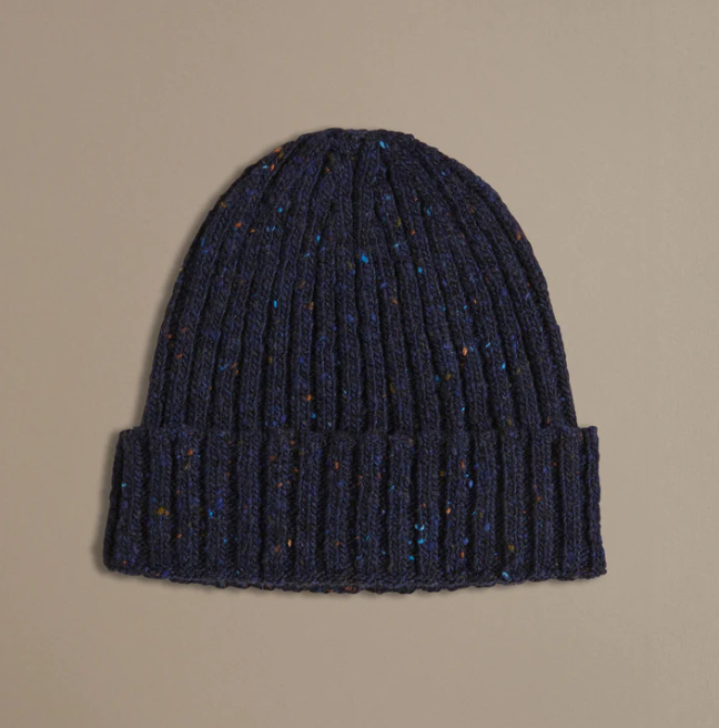 Rove Knitwear Donegal wool beanie in navy blue. Cruelty Free + UK Made. Unisex + one size