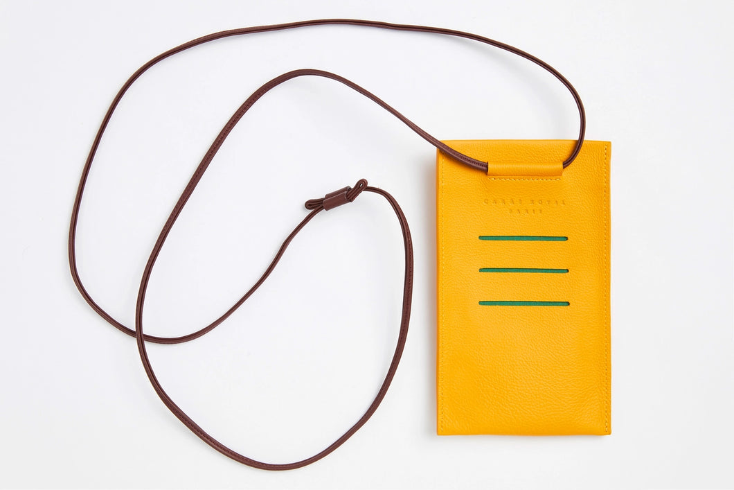 Unisex necklace phone pouch in yellow leather, by Carré Royal, Paris