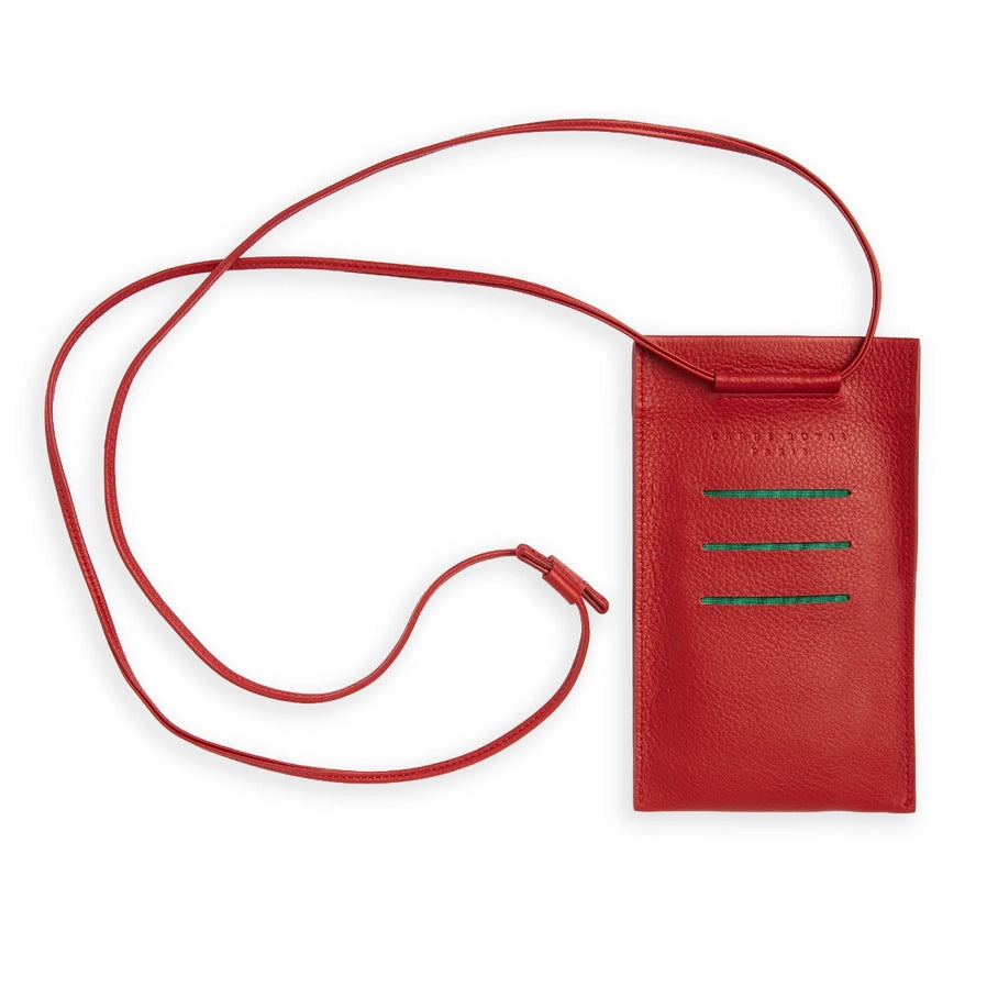 Unisex necklace phone pouch in red leather, by Carré Royal, Paris