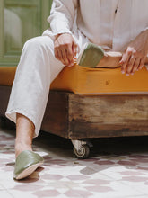 Load image into Gallery viewer, Moroccan Leather Babouche Unisex Slippers in Olive - Bohemia Designs
