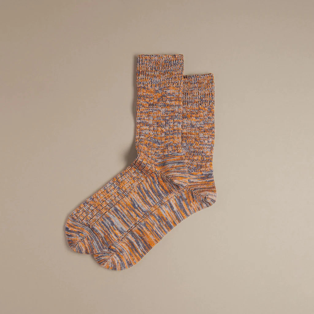 Rove Knitwear faltering stripe wool rich sock in blue + orange.  Cruelty Free + UK Made. UK 4-7 + 8-11