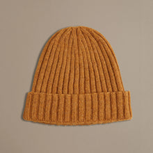 Load image into Gallery viewer, Rove Knitwear wool beanie in mustard orange. Cruelty Free + UK Made. Unisex + one size
