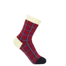 Load image into Gallery viewer, Cotton Rich Socks by Peper Harow England - Grid on Burgundy.  UK Size 3 - 8

